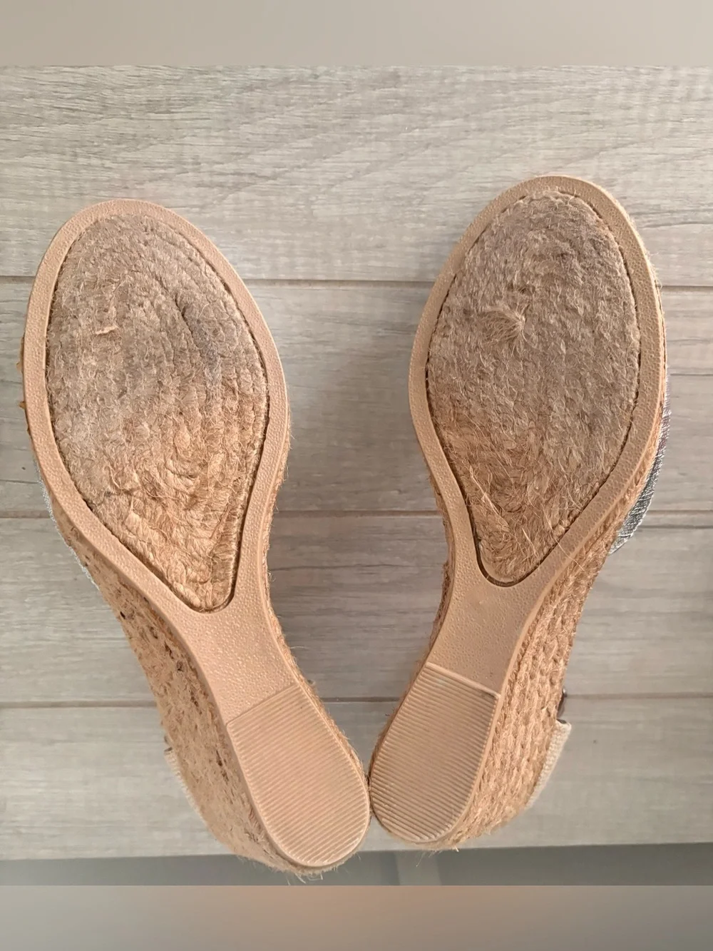 White Mountain Silver Metallic Espadrille Wedges with Tan Ankle Straps size 10